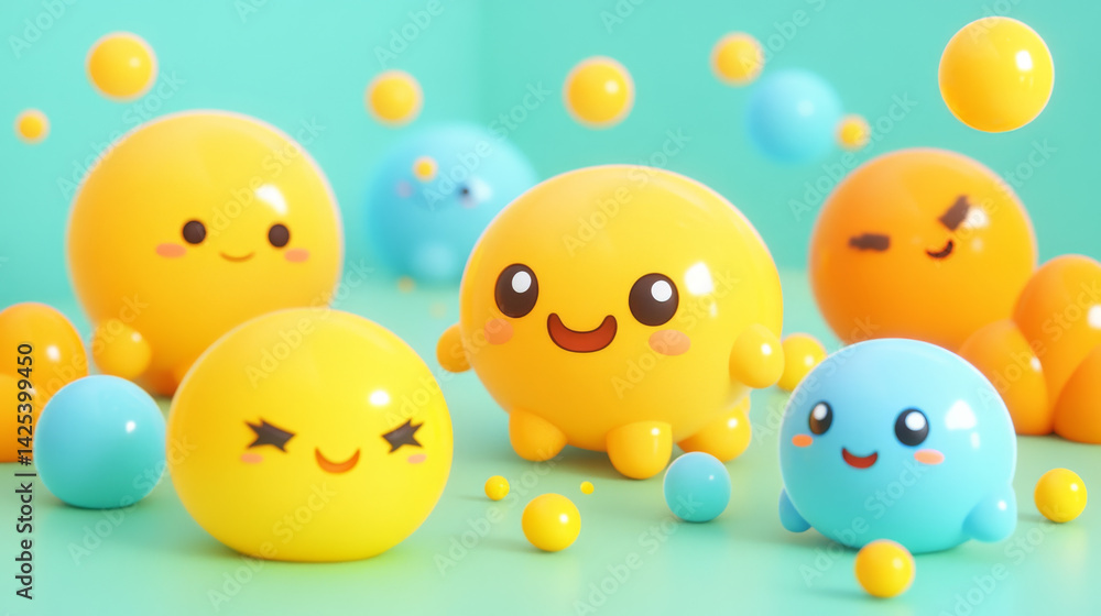 Cute 3D pastel balloon characters with tiny faces create joyful scene. yellow and blue balloons have expressive features, adding charm to playful composition Cute 3D pastel balloon characters with tiny faces create joyful scene. yellow and blue balloons have expressive features, adding charm to playful composition