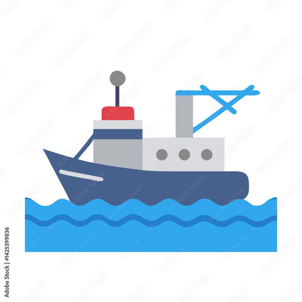 Obraz premium Fishing boat on sea waves flat vector illustration