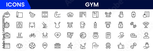 Gym and fitness icon set. It contains healthy lifestyle, weight training, body care, and workout or exercise equipment icons. Vector illustration web line icon collection 