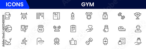 Gym and fitness icon set. It contains healthy lifestyle, weight training, body care, and workout or exercise equipment icons. Vector illustration web line icon collection 