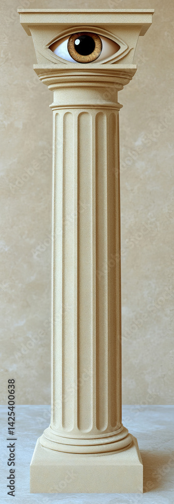 Obraz premium 3D render of isolated pillar with eye embedded near top, creating surreal and intriguing visual. pillar is classical in style, with fluted details and neutral color