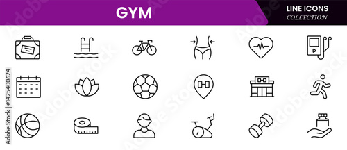 Gym and fitness icon set. It contains healthy lifestyle, weight training, body care, and workout or exercise equipment icons. Vector illustration web line icon collection 