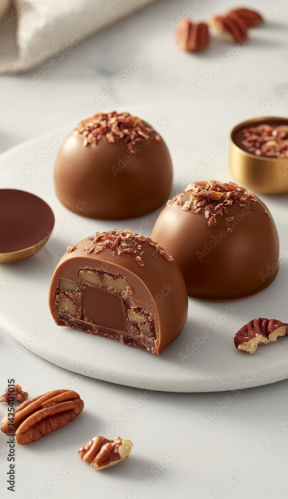 Delicious chocolate praline truffles with caramel and nuts are elegantly displayed on white plate, showcasing rich and indulgent treat perfect for dessert lovers Delicious chocolate praline truffles with caramel and nuts are elegantly displayed on white plate, showcasing rich and indulgent treat perfect for dessert lovers