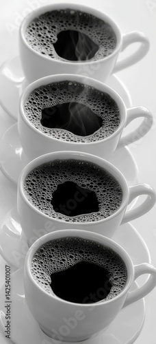 Four steaming coffee cups are neatly arranged in row on white surface, creating minimalist and inviting scene. rich aroma and warmth are almost palpable