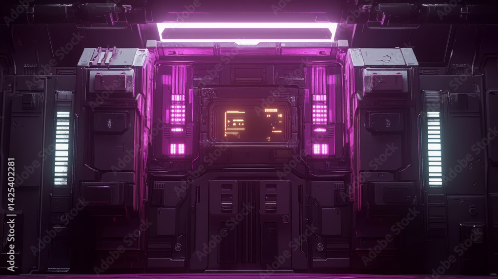 Obraz premium Futuristic sci fi interior with neon lights and digital display, creating high tech and mysterious atmosphere. dark metallic walls enhance vibrant glow