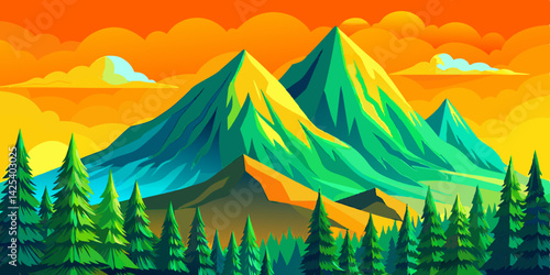 Amazing High green mountain in sunset time with spruce forest and blue sky in simple geometric form, nature tourism landscape background, travel mountains adventure illustration cartoon