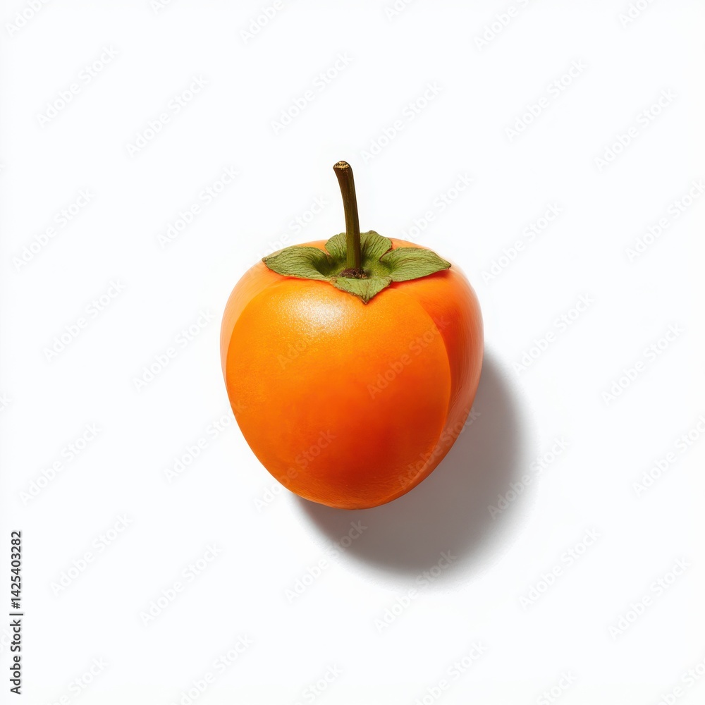 Single orange persimmon fruit with stem and green leaves on white ground Single orange persimmon fruit with stem and green leaves on white ground
