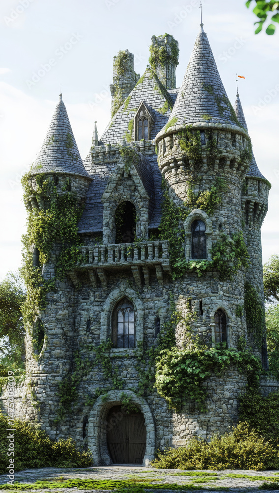 Fototapeta premium massive fantasy castle with turrets and towers covered in lush green ivy, creating mystical and enchanting atmosphere. stone structure stands majestically