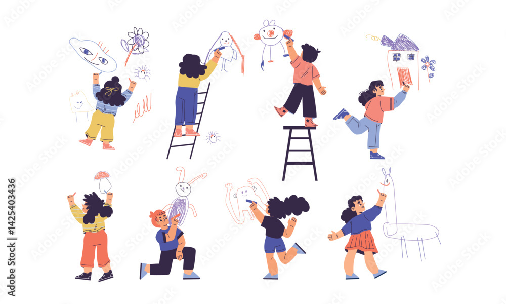 Naklejka premium Children Drawing on Wall with Colorful Crayons Vector Illustration