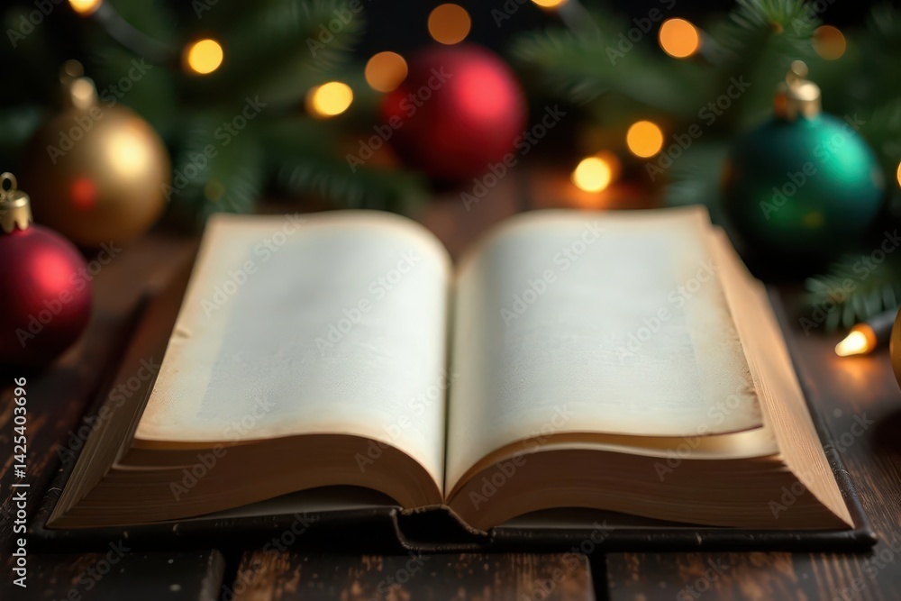 Aged book, open to blank pages; Christmas lights, garland, baubles , aged, book, illuminated Aged book, open to blank pages; Christmas lights, garland, baubles , aged, book, illuminated