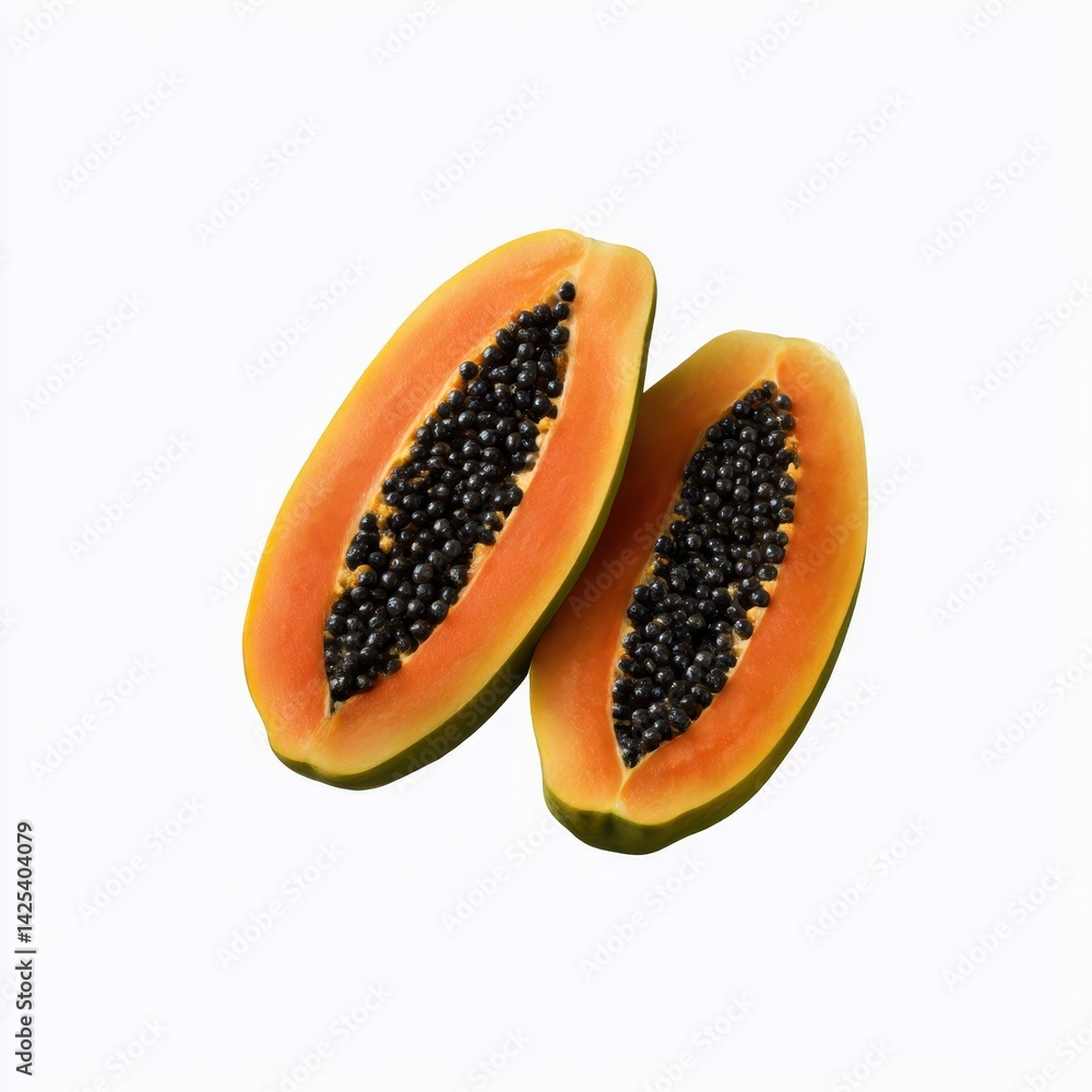 Two papaya halves showing seeds against a plain white studio background shot Two papaya halves showing seeds against a plain white studio background shot