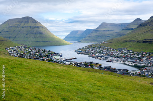 Aerial view of Klaksvík, Faroe Islands, from the hiking path to  Klakkur mountain pea