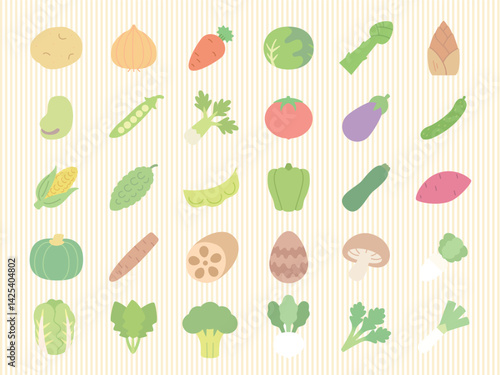 かわいい野菜アイコンセット・30種類のカラフルなフラットイラスト