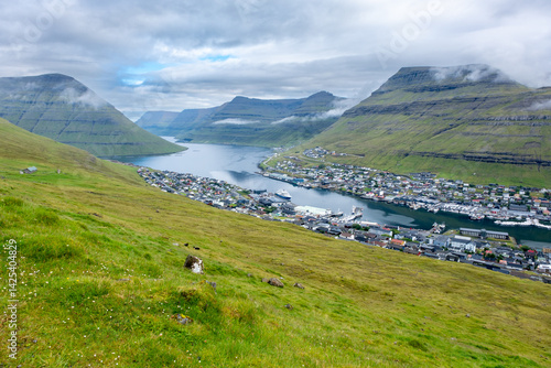 Aerial view of Klaksvík, Faroe Islands, from the hiking path to  Klakkur mountain pea