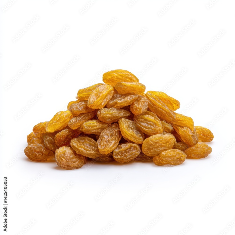A pile of golden raisins arranged on a plain white surface in a studio shot A pile of golden raisins arranged on a plain white surface in a studio shot