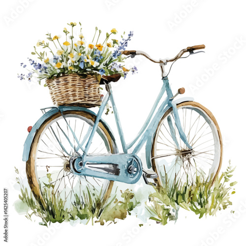 Bicycle with a basket of wildflowers, watercolor illustration, isolated on a white background.

