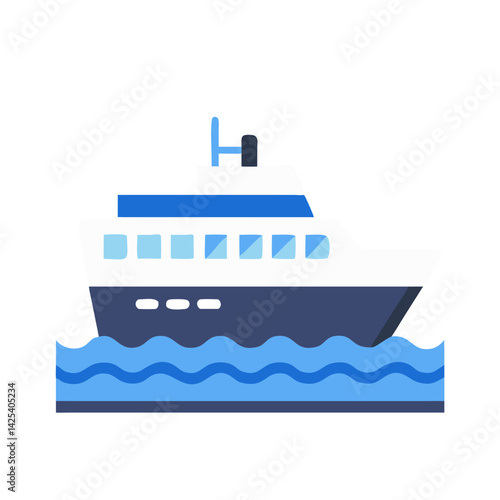 Cartoon Ship on Water Illustration in Blue and White