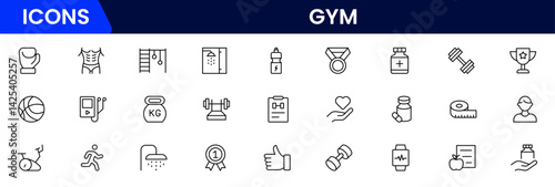 Gym and fitness icon set. It contains healthy lifestyle, weight training, body care, and workout or exercise equipment icons. Vector illustration web line icon collection 