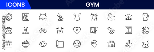 Gym and fitness icon set. It contains healthy lifestyle, weight training, body care, and workout or exercise equipment icons. Vector illustration web line icon collection 