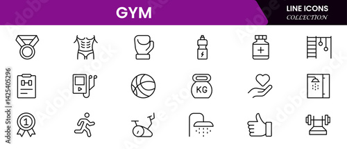 Gym and fitness icon set. It contains healthy lifestyle, weight training, body care, and workout or exercise equipment icons. Vector illustration web line icon collection 