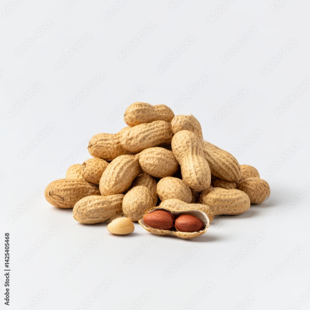 A pile of peanuts in their shells with one cracked open on a white surface A pile of peanuts in their shells with one cracked open on a white surface