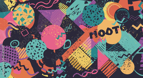 80sinspired abstract art with a playful explosion of shapes and colors Hoot text in the center
