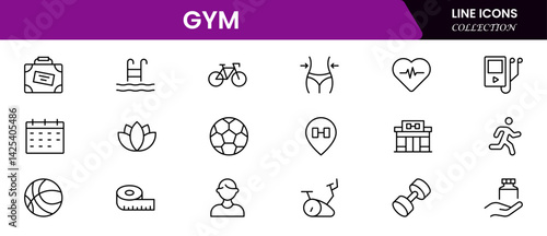Gym and fitness icon set. It contains healthy lifestyle, weight training, body care, and workout or exercise equipment icons. Vector illustration web line icon collection 