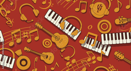 A musical medley of instruments and notes dancing across a crimson backdrop