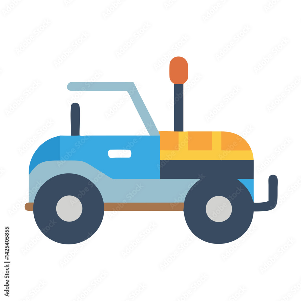 Naklejka premium Cute cartoon blue and yellow tractor on black