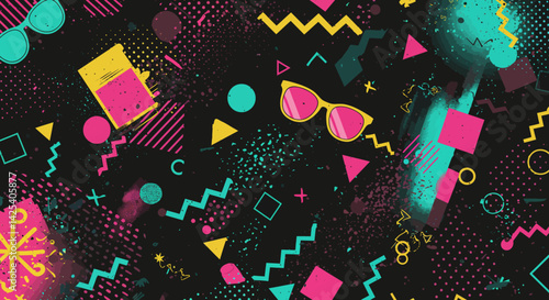 A vibrant 80s abstract art with geometric shapes and sunglasses on a black background
