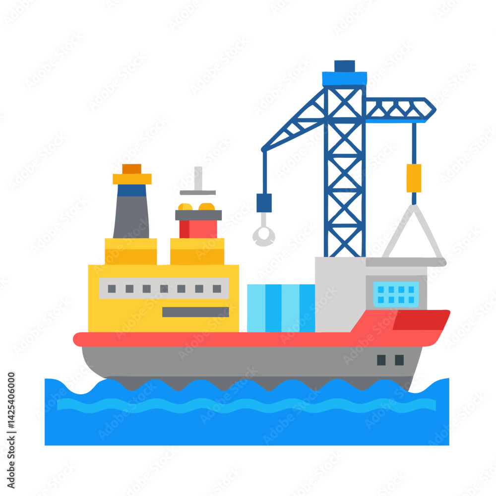 Cargo Ship with Crane, Flat Vector Illustration Style Cargo Ship with Crane, Flat Vector Illustration Style