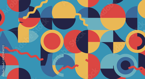 A vibrant mosaic of geometric shapes in contrasting colors creating an abstract pattern