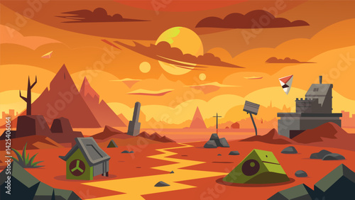 A postapocalyptic wasteland littered with the remains of failed attempts to disable the doomsday device now serving as a warning to future.