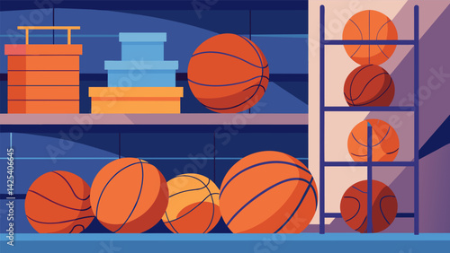 A corner of the store dedicated to basketballs of all sizes some still bouncy and others showing signs of wear and tear.. Vector illustration