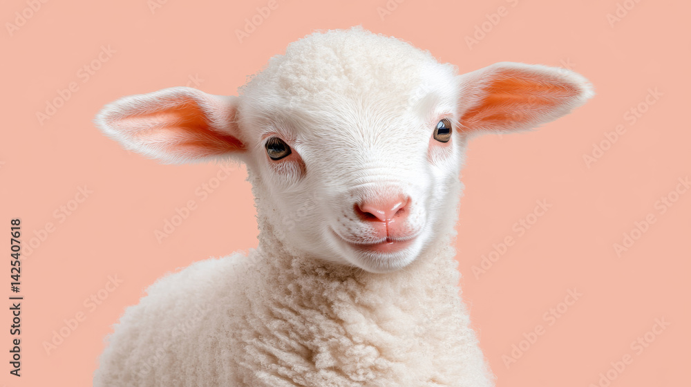Fototapeta premium cute lamb with fluffy white wool and pink ears stands against soft peach background, exuding sense of innocence and charm