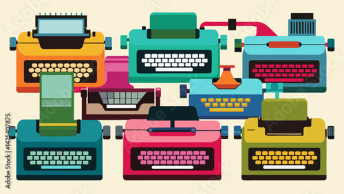 A collection of typewriters in varying colors showcasing the diversity and creativity of their designs from different time periods.. Vector illustration