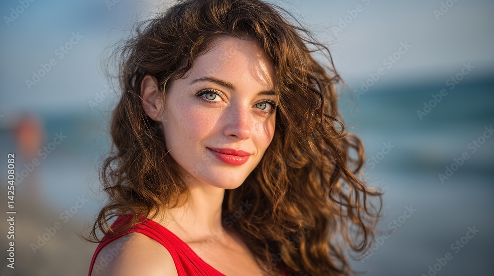 Woman on the Beach Head and Shoulders Portrait with Soft Natural Light and Blurred Ocean Background, Relaxed Sunny Atmosphere for Travel and Vacation Themes Woman on the Beach Head and Shoulders Portrait with Soft Natural Light and Blurred Ocean Background, Relaxed Sunny Atmosphere for Travel and Vacation Themes
