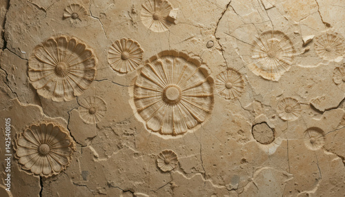 Fossilized imprints of ancient flowers in sedimentary rock.