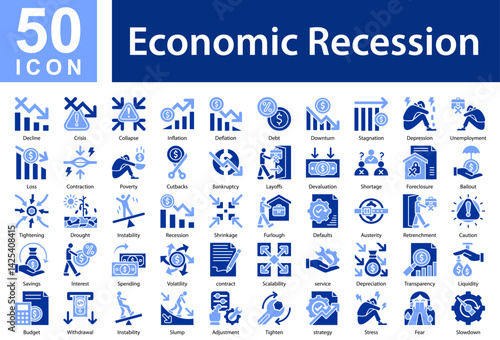 Economic Recession Icon Collection and Symple Concept Glyph Color