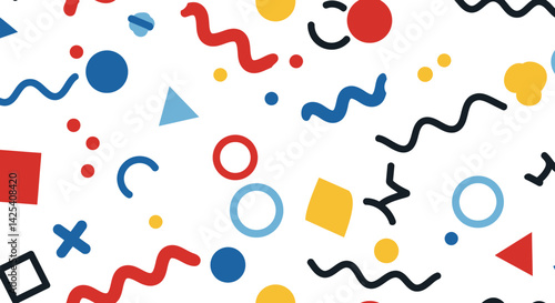 Whimsical shapes in primary colors dance against a white canvas Curves triangles and dots create a playful pattern