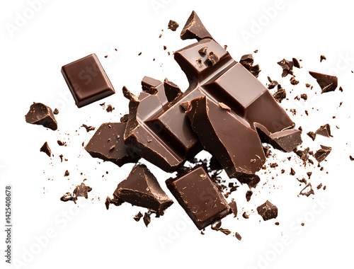 Chocolate pieces, cut and broken chocolate bar, isolated on a transparent background.