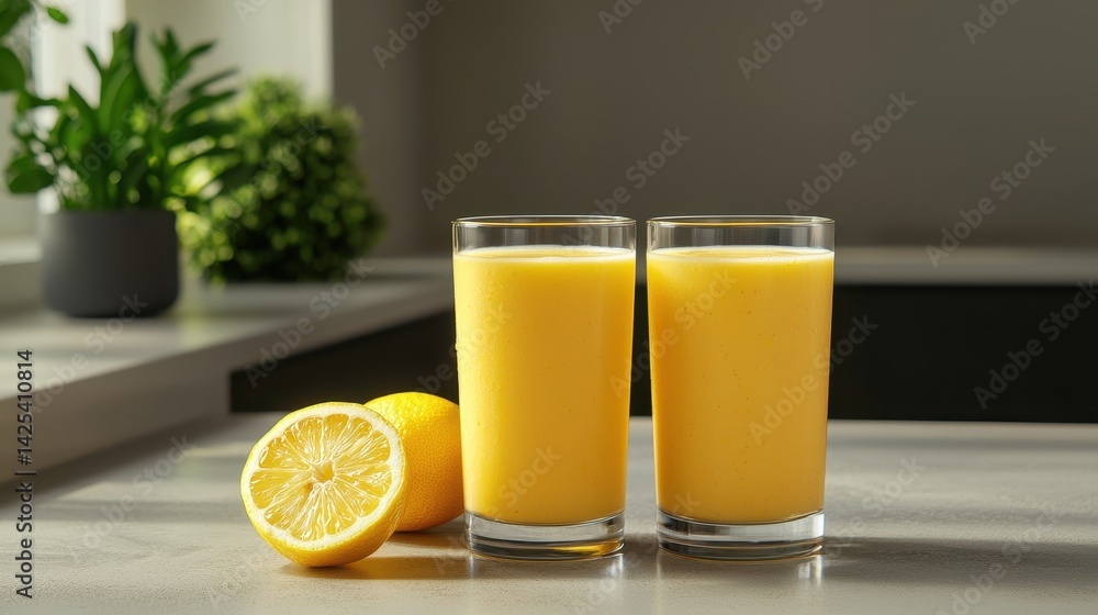 Fototapeta premium Fresh Lemon Juice in Glasses on Kitchen Counter with Sliced Lemon and Green Plant in Background