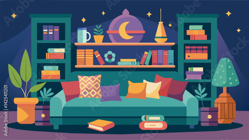 A cozy reading nook is filled with mismatched bohemianstyle pillows and a bookshelf filled with wellloved novels.. Vector illustration