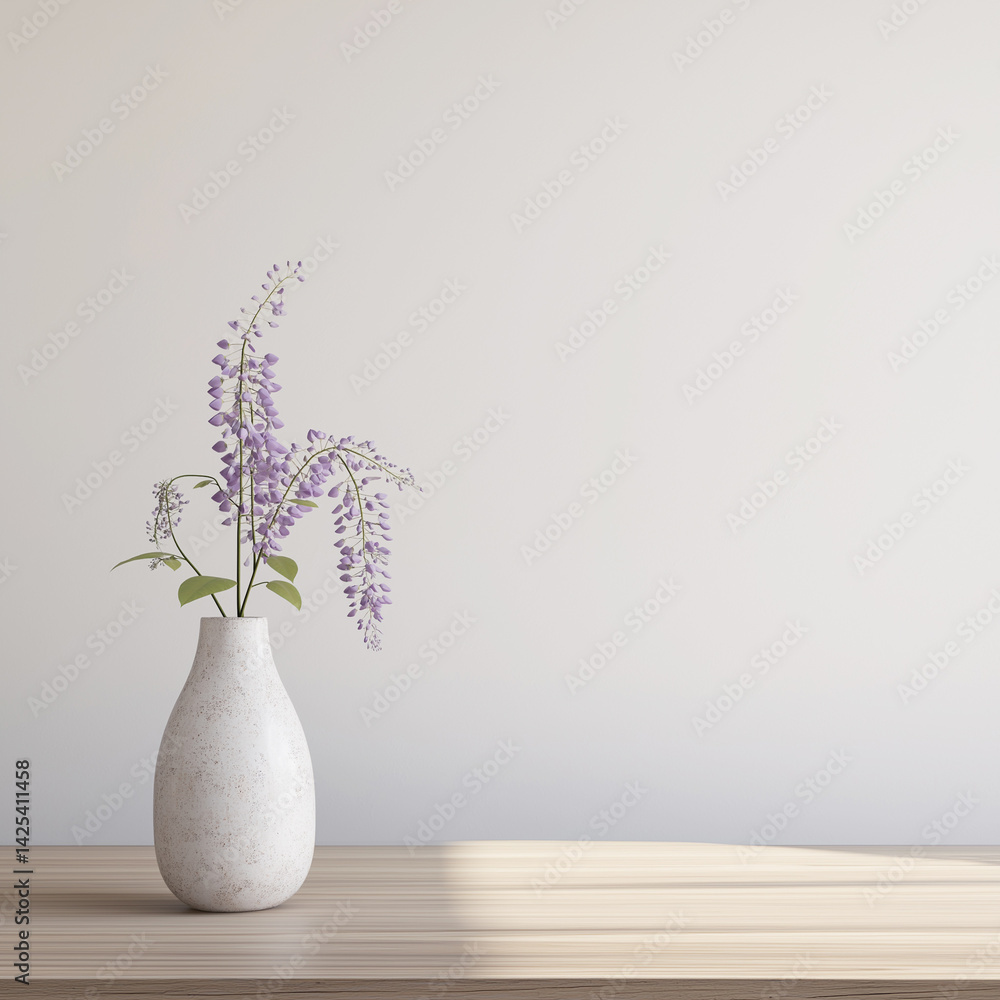 A simple white vase holding a single branch of wisteria flowers, bringing natural beauty to a minimalist space A simple white vase holding a single branch of wisteria flowers, bringing natural beauty to a minimalist space