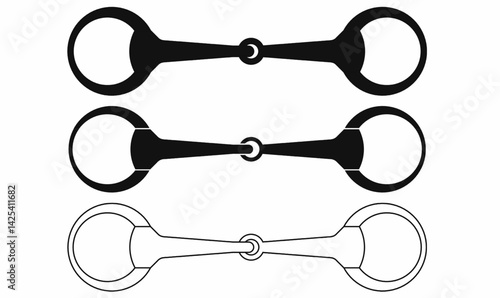 Snaffle horse bit vector set in solid and outline styles. Ideal for equestrian gear, horse riding equipment, tack shop graphics, western and English riding designs