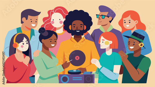 A diverse group of strangers bonding over their shared love of music and determination to successfully put together the record player. Vector illustration