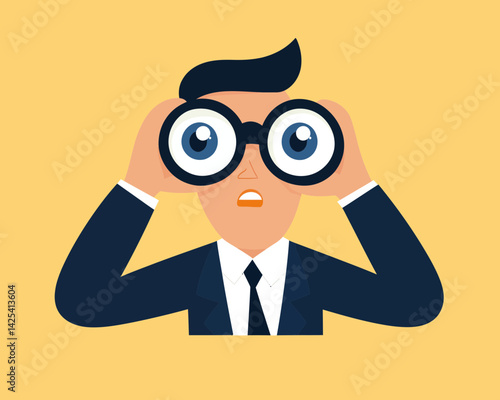Curious Businessman with Binoculars Concept for Opportunity, Job Search, and Business Discovery in Minimalist Flat Vector