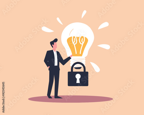 Businessman Protecting Intellectual Property, Patented Idea with Light Bulb and Padlock, Copyright Reserved Concept, Flat Minimalist SVG Vector
