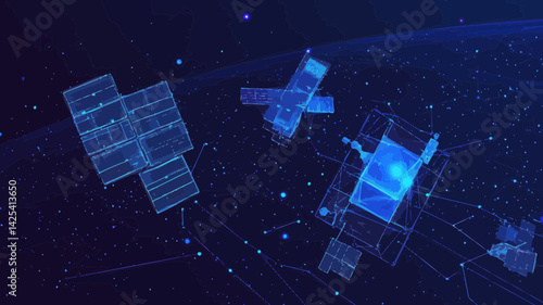 Polygonal Art Illustration of 3D Satellites in Digital Space with Blue Lines, Dots, and Stars Representing Wireless Communication Network Technology