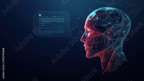 Futuristic Low Poly Wireframe Humanoid Robot with Speech Bubble, AI Chatbot Concept, Flat Minimalist SVG Vector, Side View